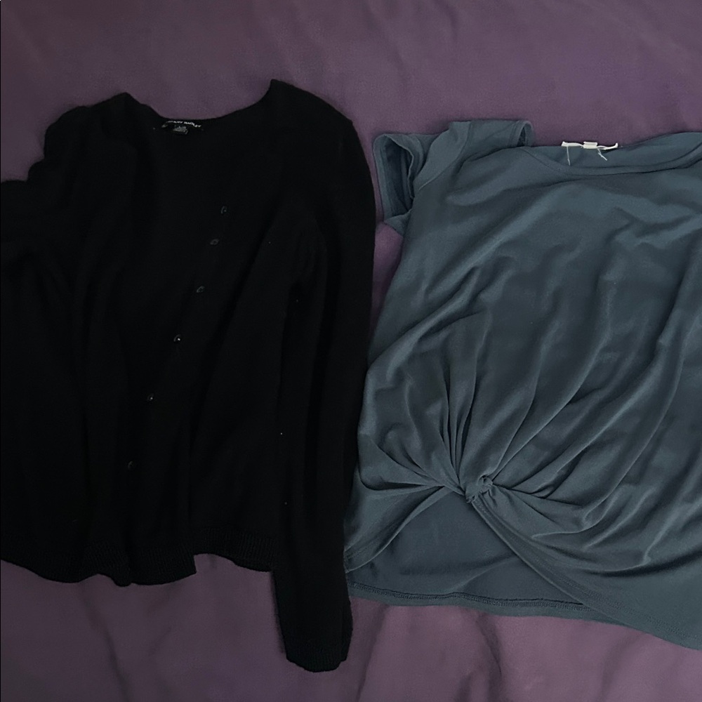 Hilary Radley Black Cardigan and Pink Rose Blue Twist Top set